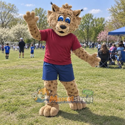 Spotted Wildcat Mascot Costume with Burgundy Shirt and Navy Shorts Spotted Wildcat Mascot Costume with Burgundy Shirt and Navy Shorts