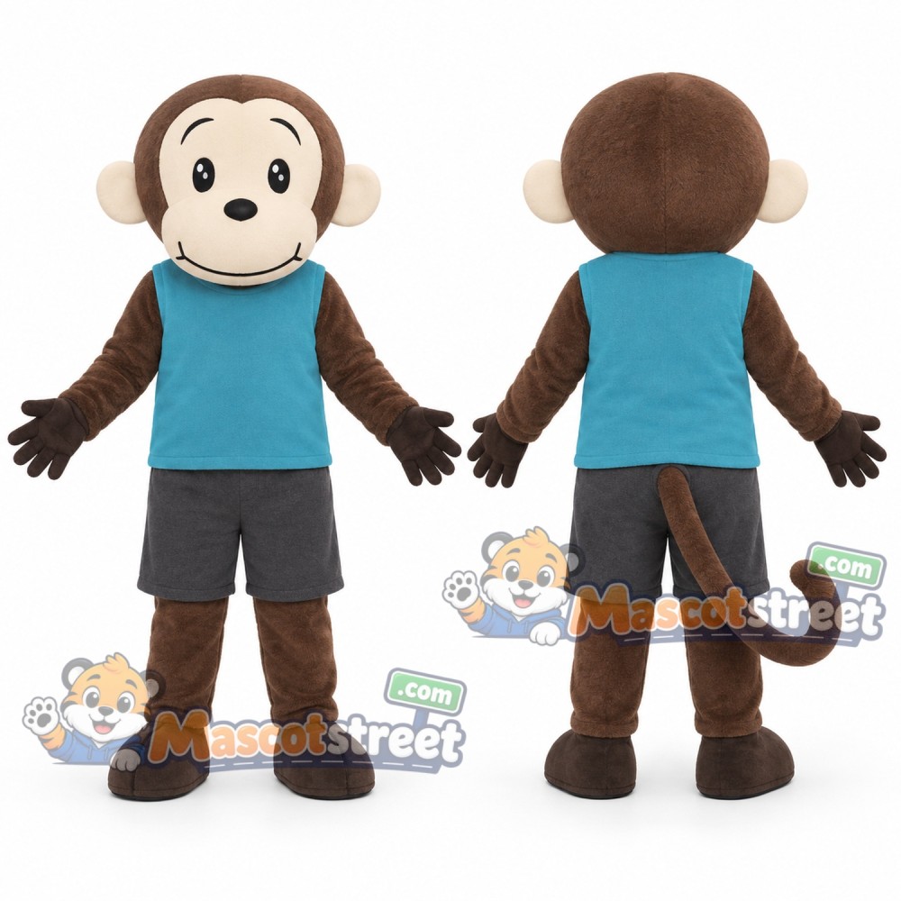 Brown Monkey Mascot Costume with Teal Shirt and Gray Shorts Brown Monkey Mascot Costume with Teal Shirt and Gray Shorts