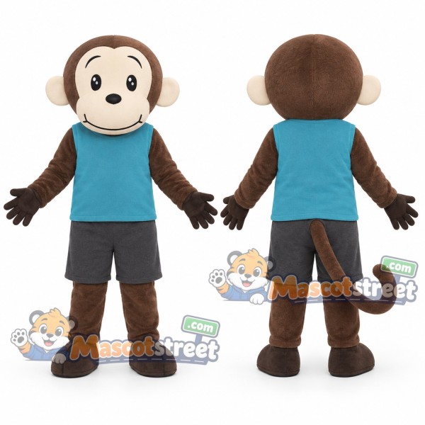 Brown Monkey Mascot Costume with Teal Shirt and Gray Shorts