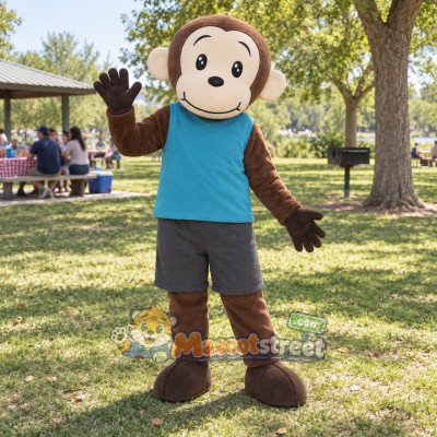 Brown Monkey Mascot Costume with Teal Shirt and Gray Shorts Brown Monkey Mascot Costume with Teal Shirt and Gray Shorts