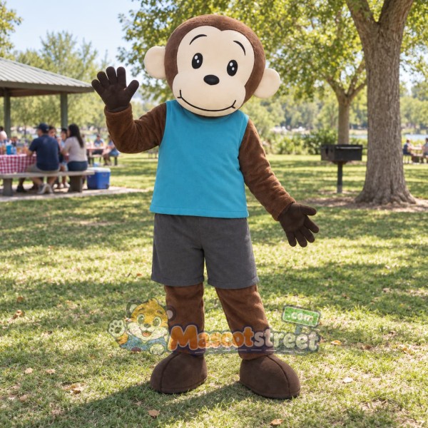 Brown Monkey Mascot Costume with Teal Shirt and Gray Shorts