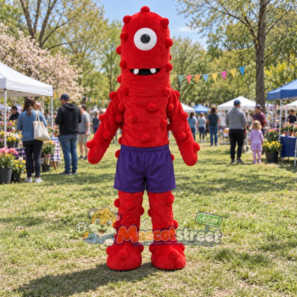Red Cyclops Monster Mascot Costume with Purple Shorts Red Cyclops Monster Mascot Costume with Purple Shorts