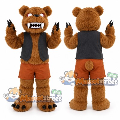 Brown Monster Mascot Costume with Black Vest and Orange Shorts