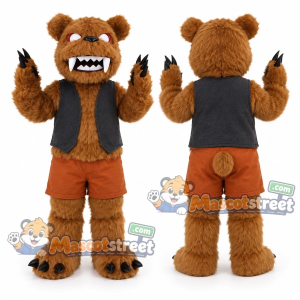 Brown Monster Mascot Costume with Black Vest and Orange Shorts