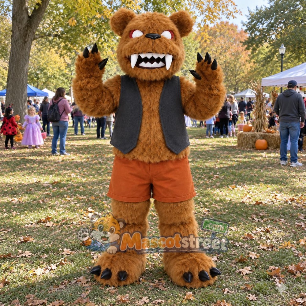 Brown Monster Mascot Costume with Black Vest and Orange Shorts