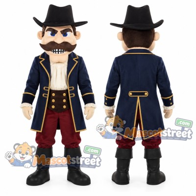 Mustached Swordsman Mascot Costume with Navy Coat and Black Hat
