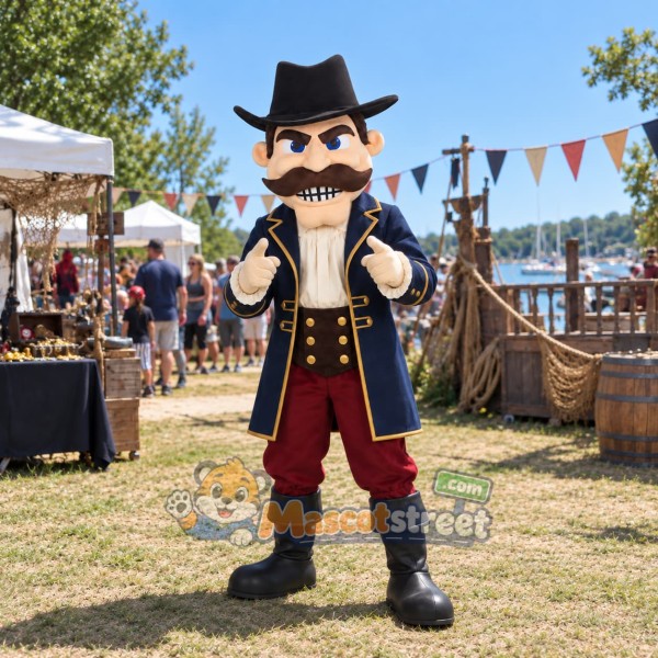 Mustached Swordsman Mascot Costume with Navy Coat and Black Hat