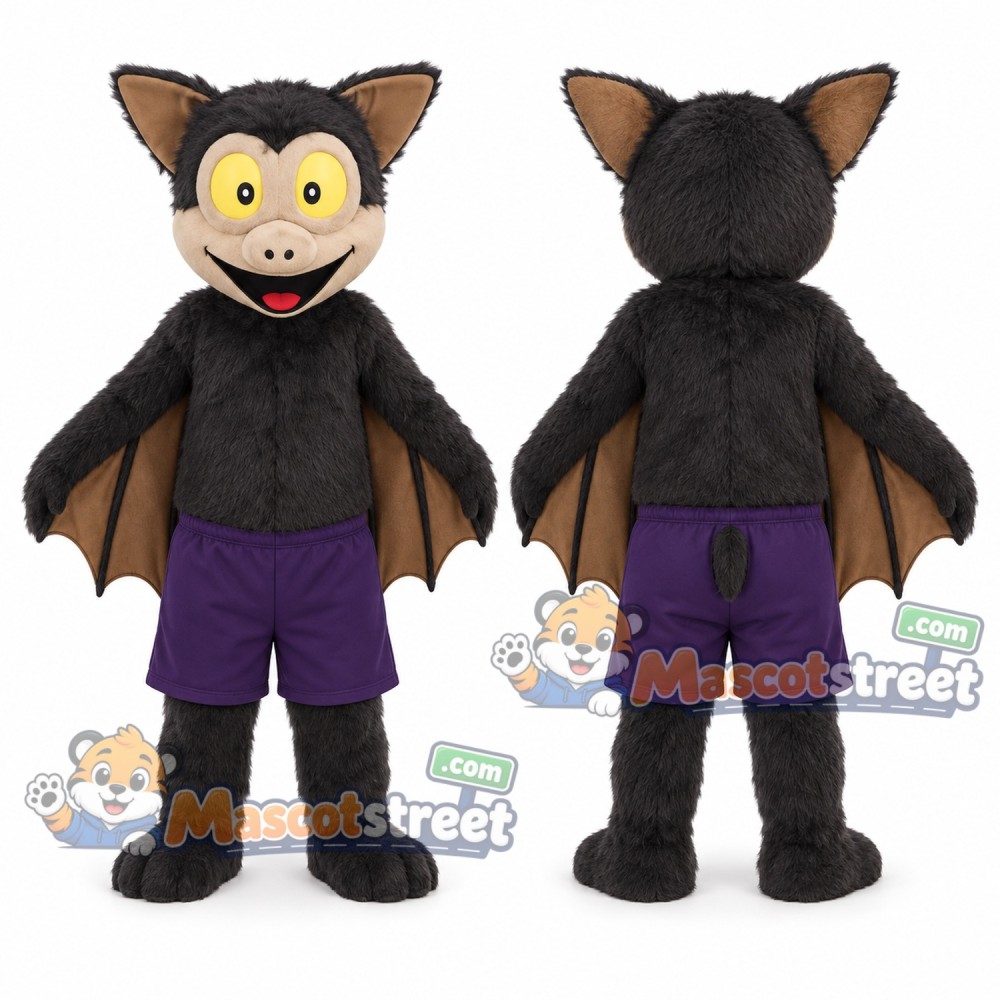 Black Bat Mascot Costume with Purple Shorts