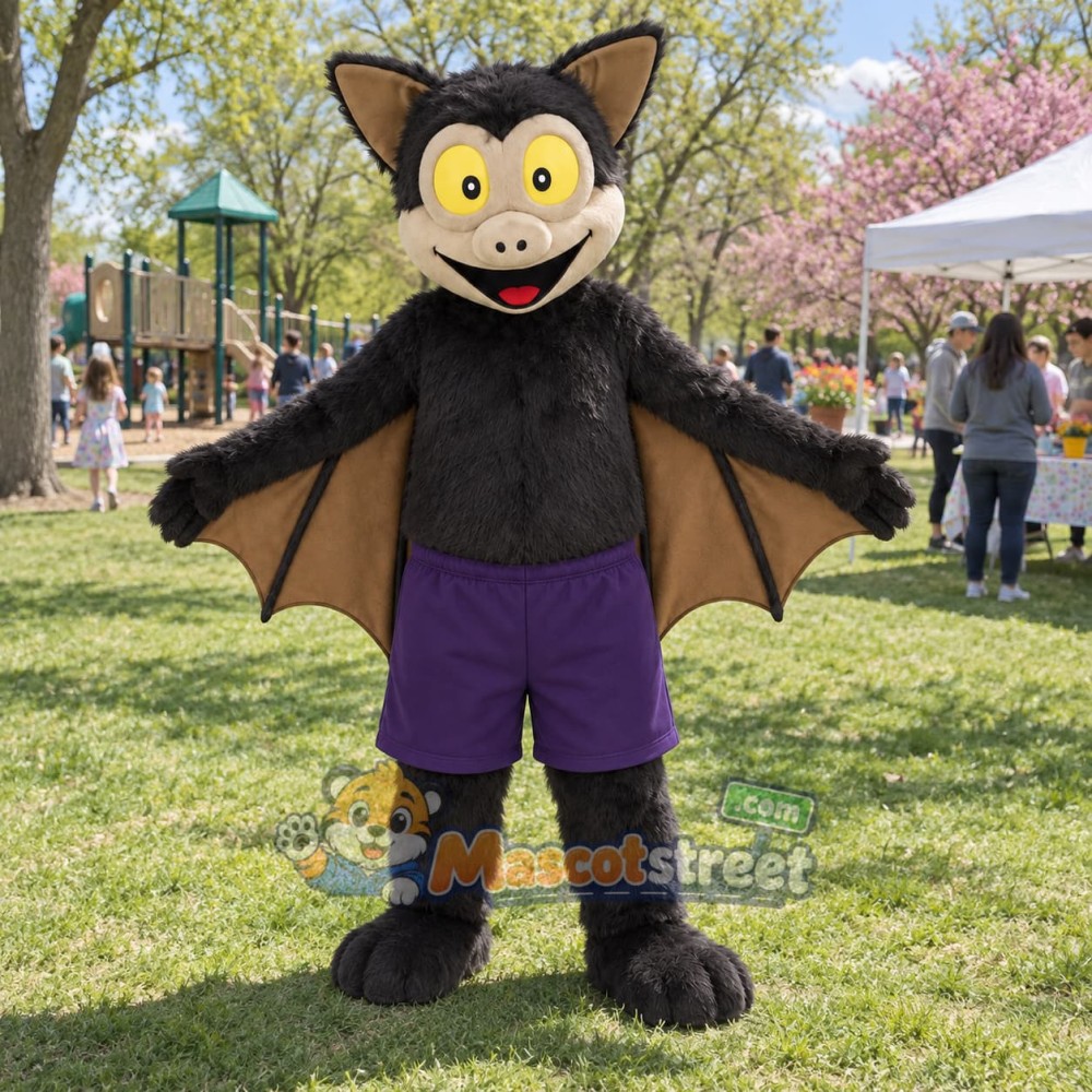 Black Bat Mascot Costume with Purple Shorts