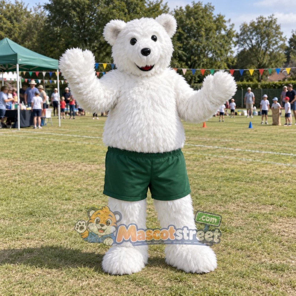 Polar Bear Mascot Costume with Green Shorts Polar Bear Mascot Costume with Green Shorts