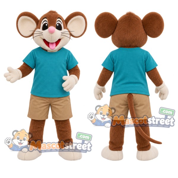 Brown Mouse Mascot Costume with Teal Shirt and Khaki Shorts