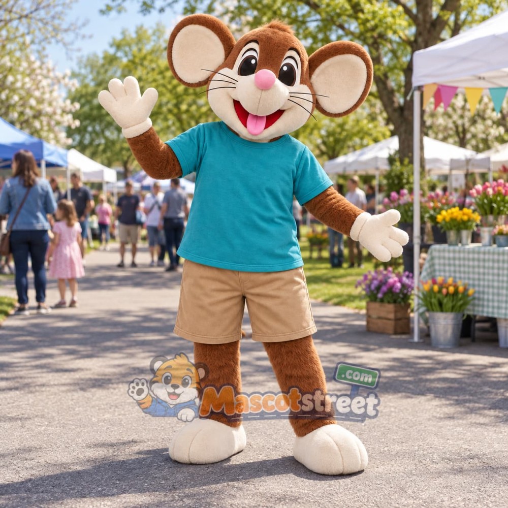 Brown Mouse Mascot Costume with Teal Shirt and Khaki Shorts Brown Mouse Mascot Costume with Teal Shirt and Khaki Shorts