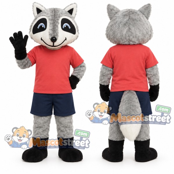 Gray Fox Mascot Costume with Red Shirt and Navy Shorts