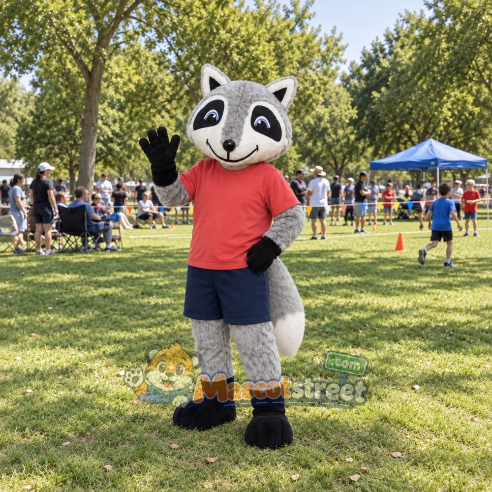 Gray Fox Mascot Costume with Red Shirt and Navy Shorts Gray Fox Mascot Costume with Red Shirt and Navy Shorts