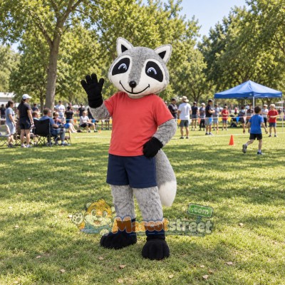 Gray Fox Mascot Costume with Red Shirt and Navy Shorts Gray Fox Mascot Costume with Red Shirt and Navy Shorts
