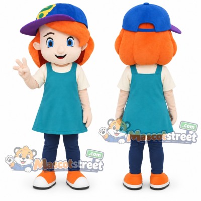 Schoolgirl Mascot Costume with Teal Dress and Blue Cap Schoolgirl Mascot Costume with Teal Dress and Blue Cap