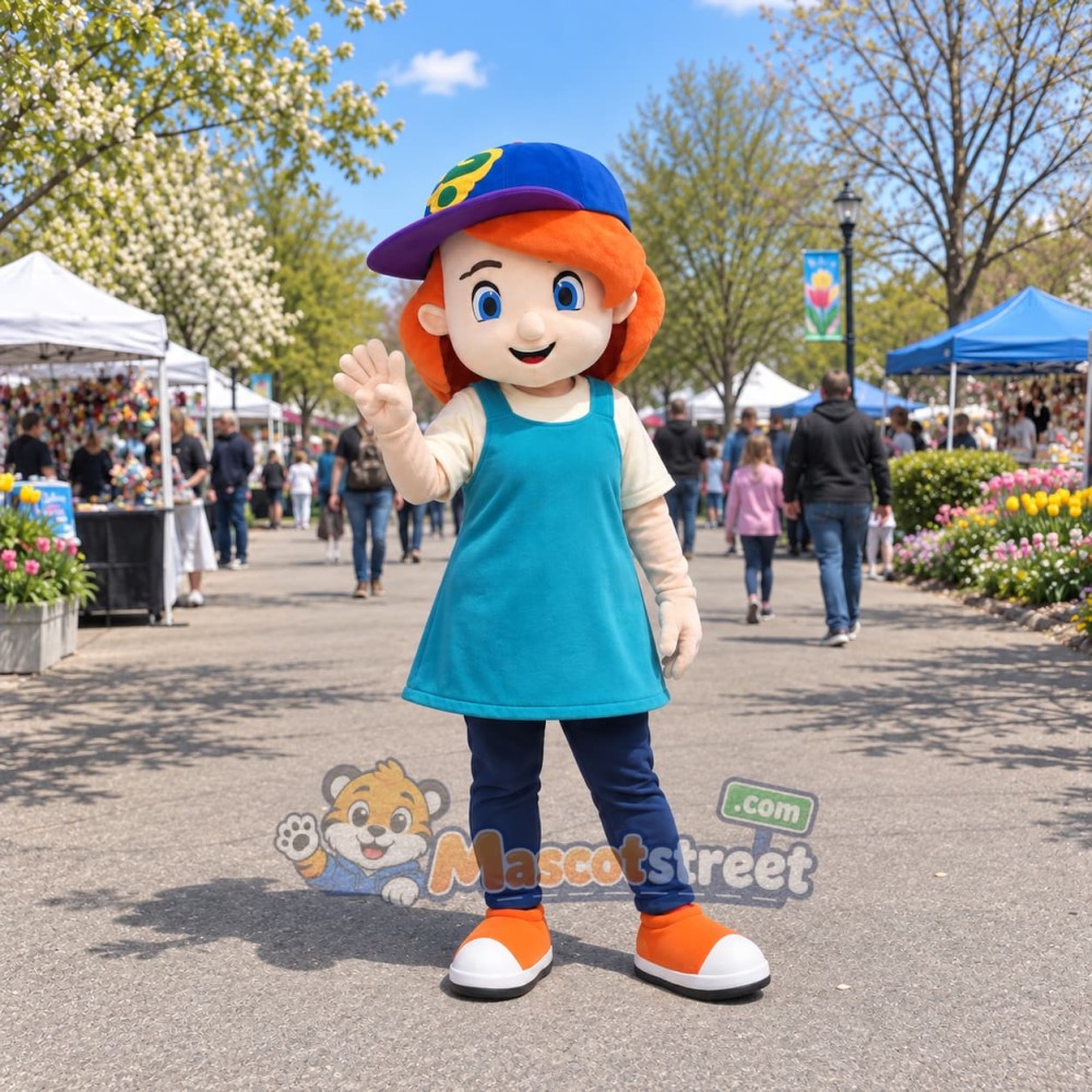 Schoolgirl Mascot Costume with Teal Dress and Blue Cap Schoolgirl Mascot Costume with Teal Dress and Blue Cap