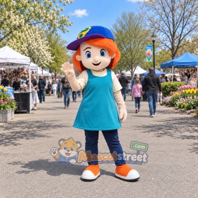 Schoolgirl Mascot Costume with Teal Dress and Blue Cap Schoolgirl Mascot Costume with Teal Dress and Blue Cap
