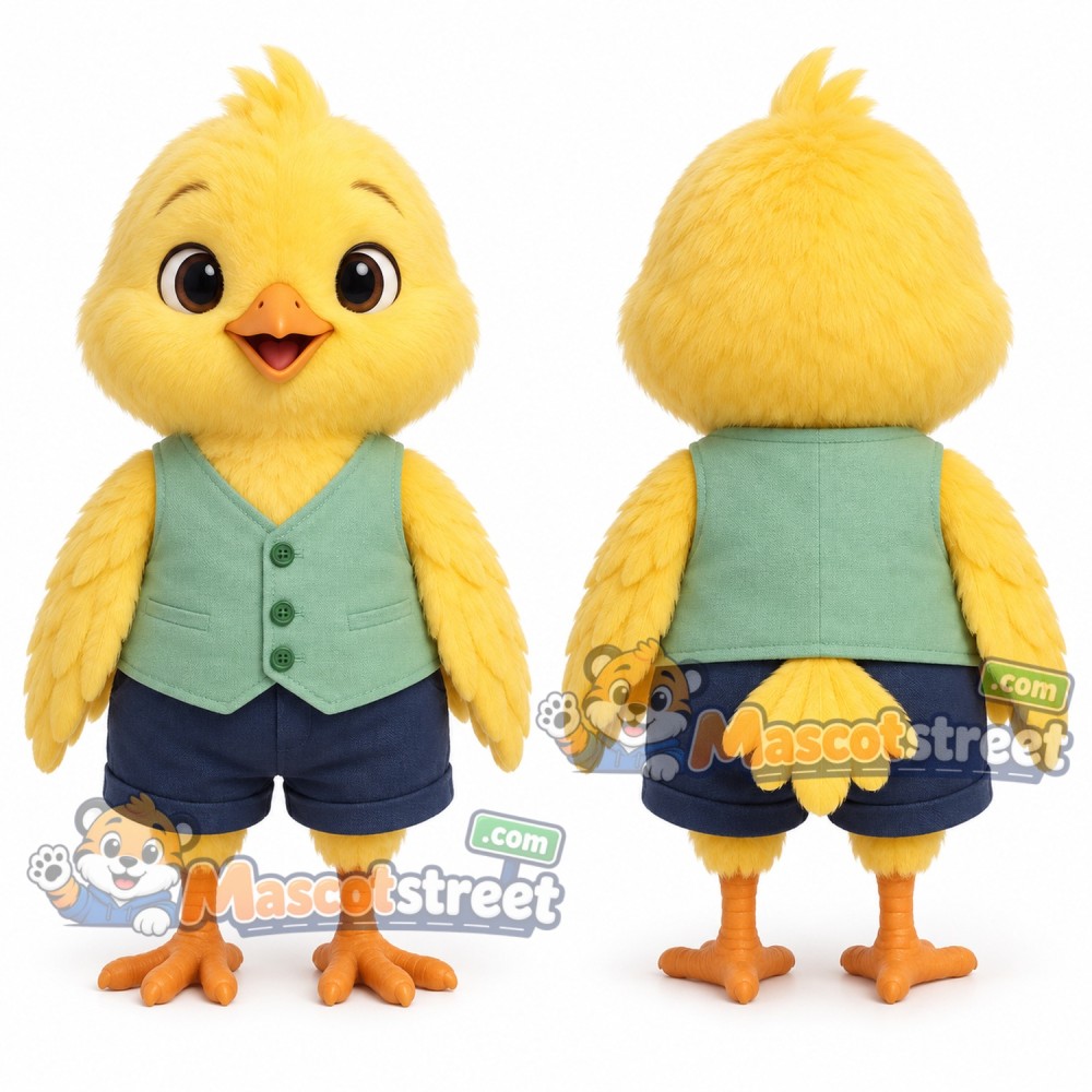 Yellow Chick Mascot Costume with Green Vest and Navy Shorts Yellow Chick Mascot Costume with Green Vest and Navy Shorts