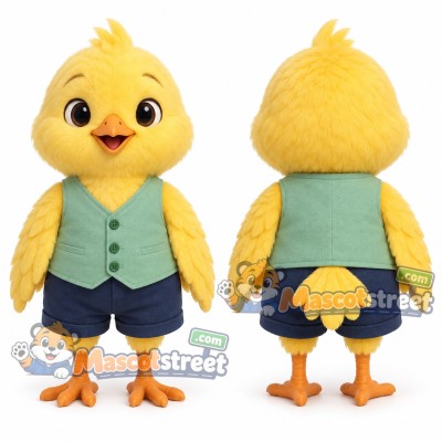 Yellow Chick Mascot Costume with Green Vest and Navy Shorts Yellow Chick Mascot Costume with Green Vest and Navy Shorts