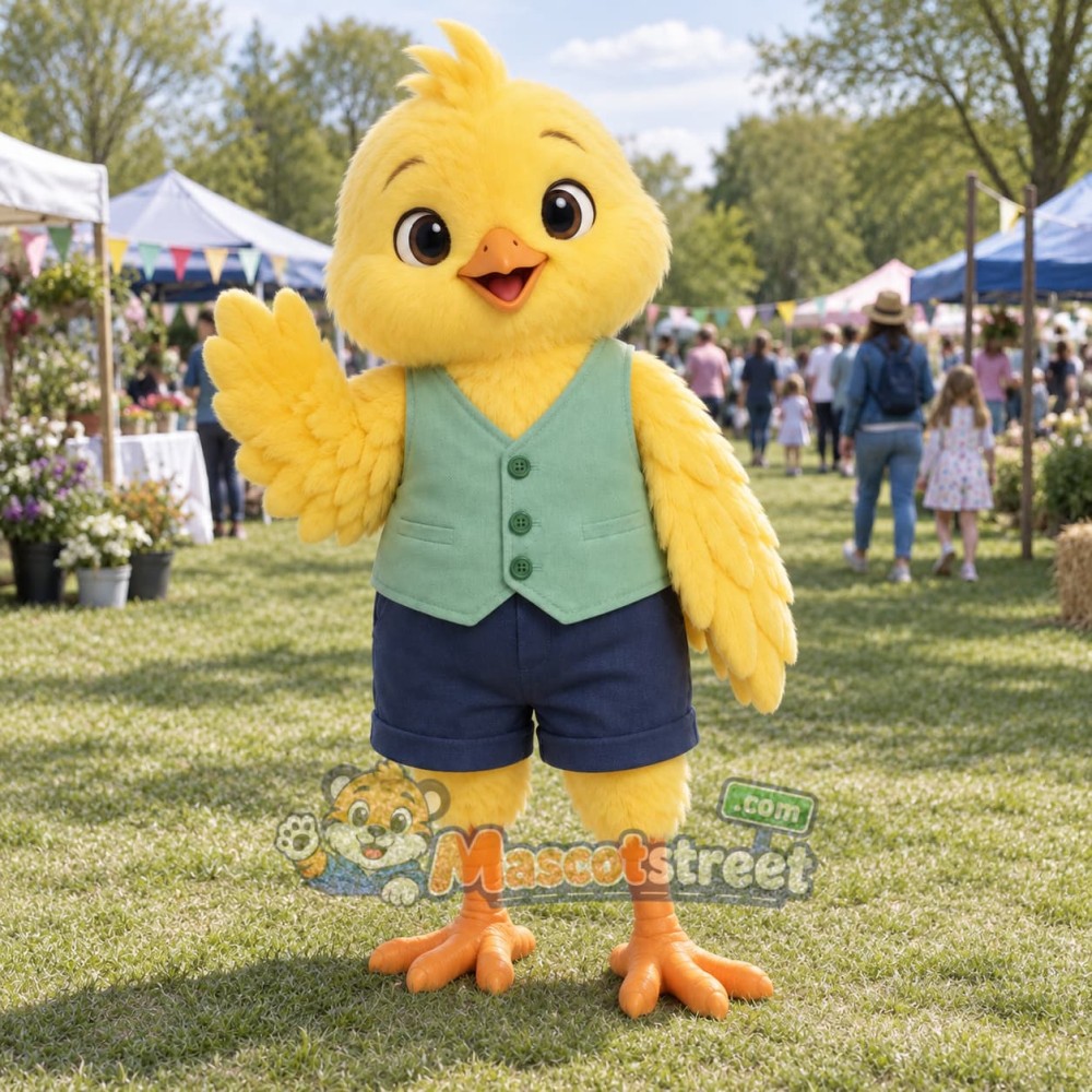 Yellow Chick Mascot Costume with Green Vest and Navy Shorts Yellow Chick Mascot Costume with Green Vest and Navy Shorts