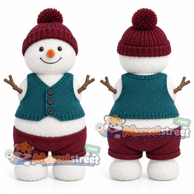 Snowman Mascot Costume with Teal Vest and Burgundy Knit Hat