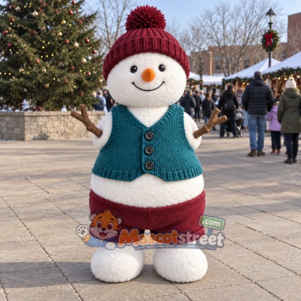 Snowman Mascot Costume with Teal Vest and Burgundy Knit Hat