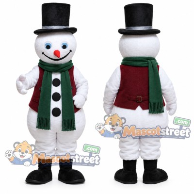 Snowman Mascot Costume with Burgundy Vest and Black Top Hat