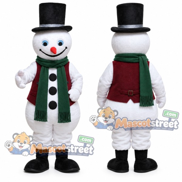 Snowman Mascot Costume with Burgundy Vest and Black Top Hat