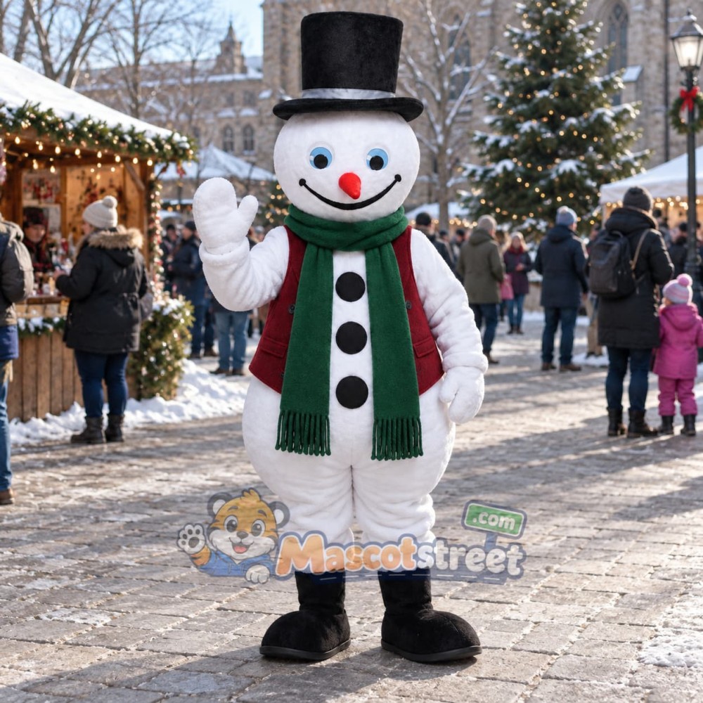 Snowman Mascot Costume with Burgundy Vest and Black Top Hat