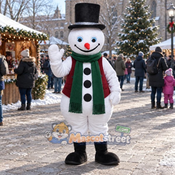 Snowman Mascot Costume with Burgundy Vest and Black Top Hat