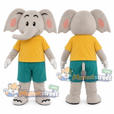 Gray Elephant Mascot Costume with Yellow Shirt and Teal Shorts