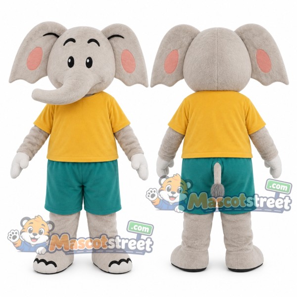 Gray Elephant Mascot Costume with Yellow Shirt and Teal Shorts