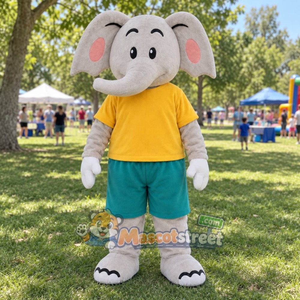 Gray Elephant Mascot Costume with Yellow Shirt and Teal Shorts