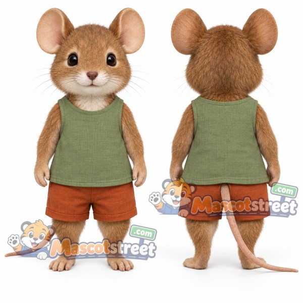 Brown Mouse Mascot Costume with Green Shirt and Orange Shorts