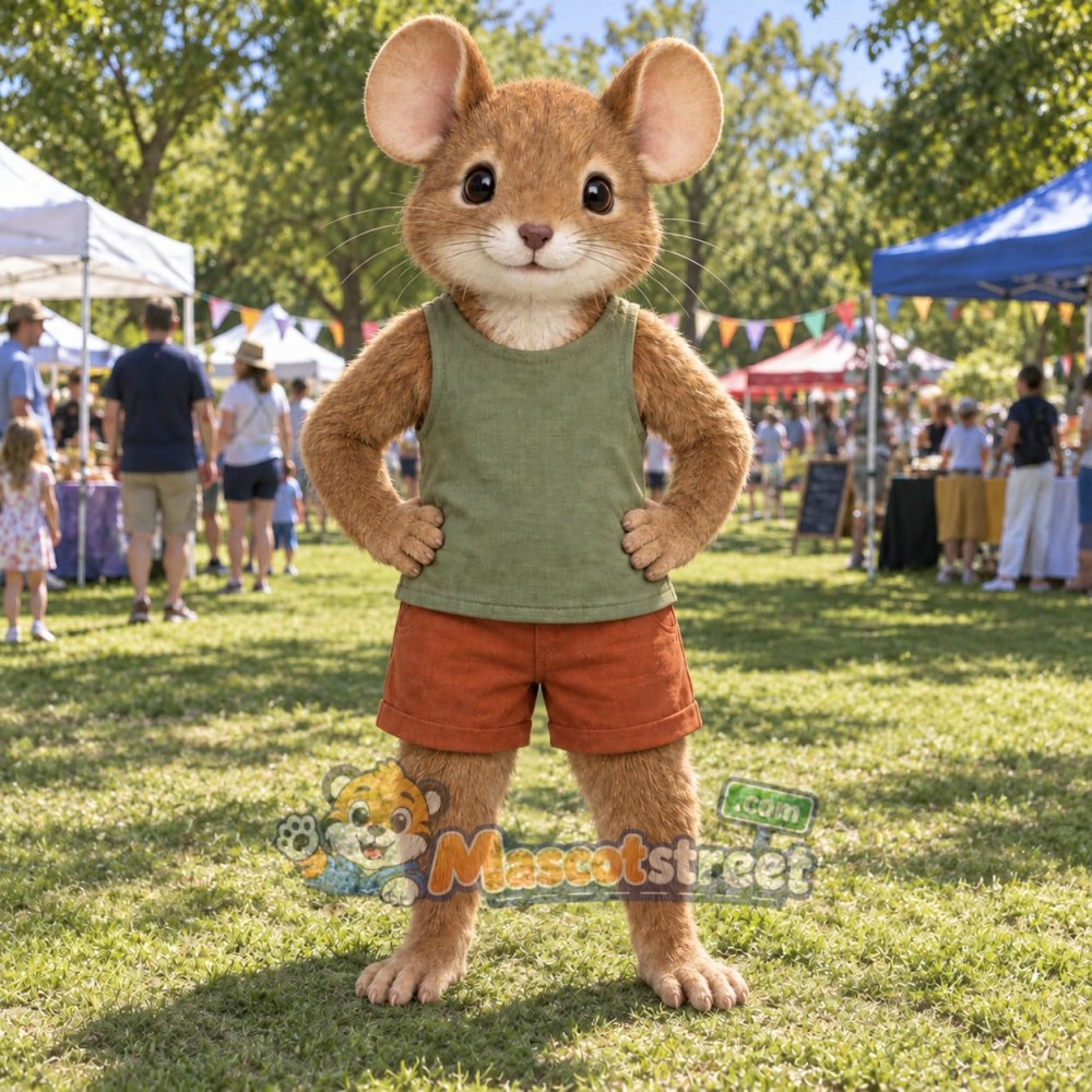 Brown Mouse Mascot Costume with Green Shirt and Orange Shorts