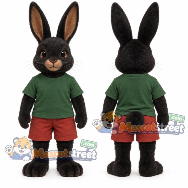 Black Rabbit Mascot Costume with Green Shirt and Red Shorts