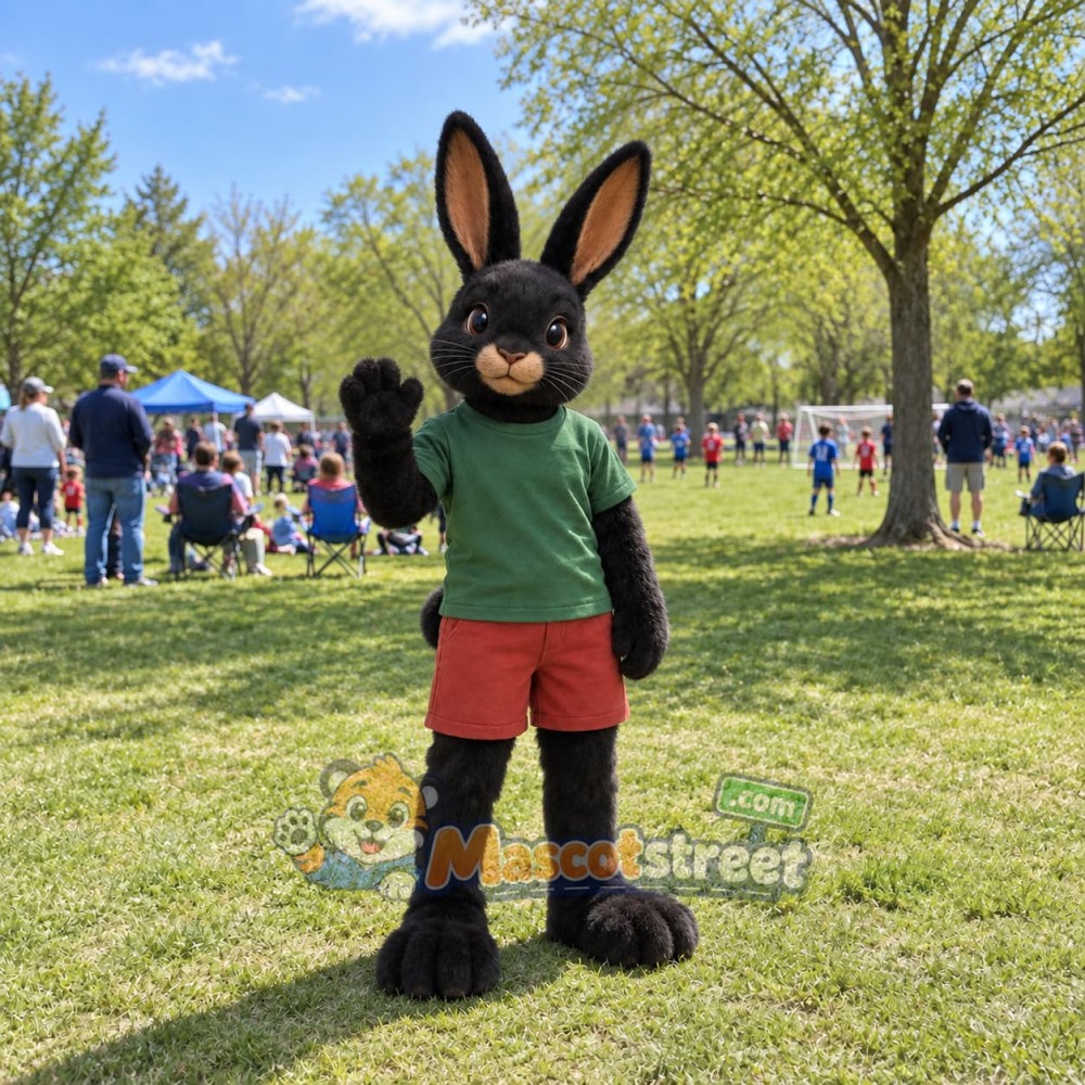 Black Rabbit Mascot Costume with Green Shirt and Red Shorts Black Rabbit Mascot Costume with Green Shirt and Red Shorts