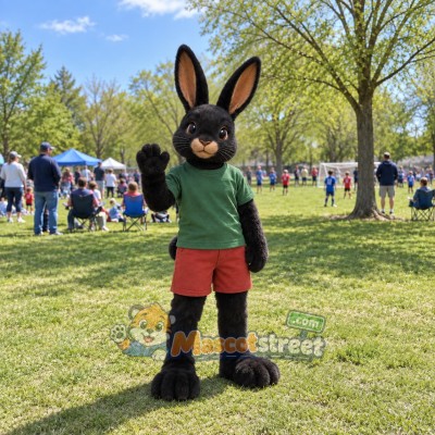 Black Rabbit Mascot Costume with Green Shirt and Red Shorts Black Rabbit Mascot Costume with Green Shirt and Red Shorts