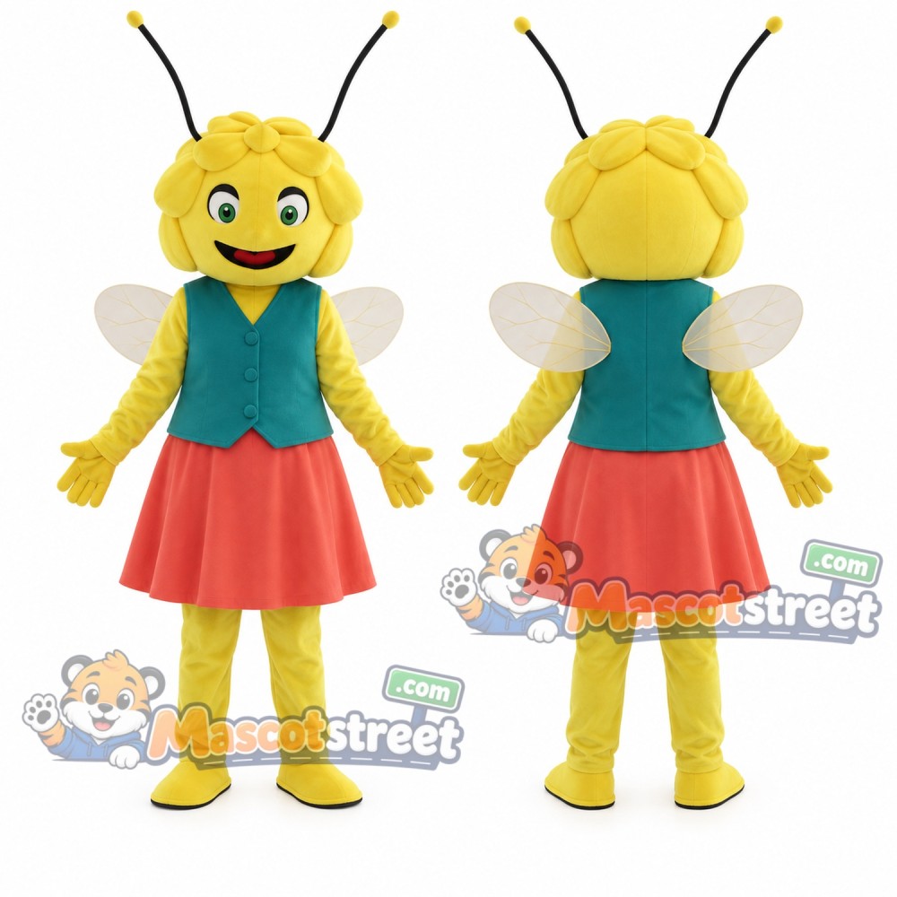Bee Girl Mascot Costume with Teal Vest and Coral Skirt