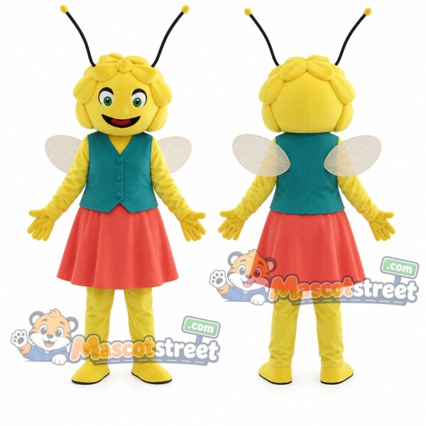 Bee Girl Mascot Costume with Teal Vest and Coral Skirt