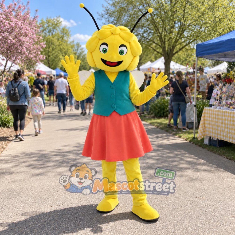 Bee Girl Mascot Costume with Teal Vest and Coral Skirt