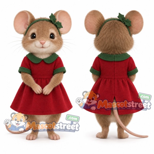Christmas Mouse Mascot Costume with Red Dress and Green Collar