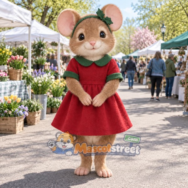 Christmas Mouse Mascot Costume with Red Dress and Green Collar