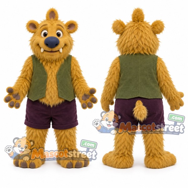 Gold Monster Mascot Costume with Green Vest and Purple Shorts