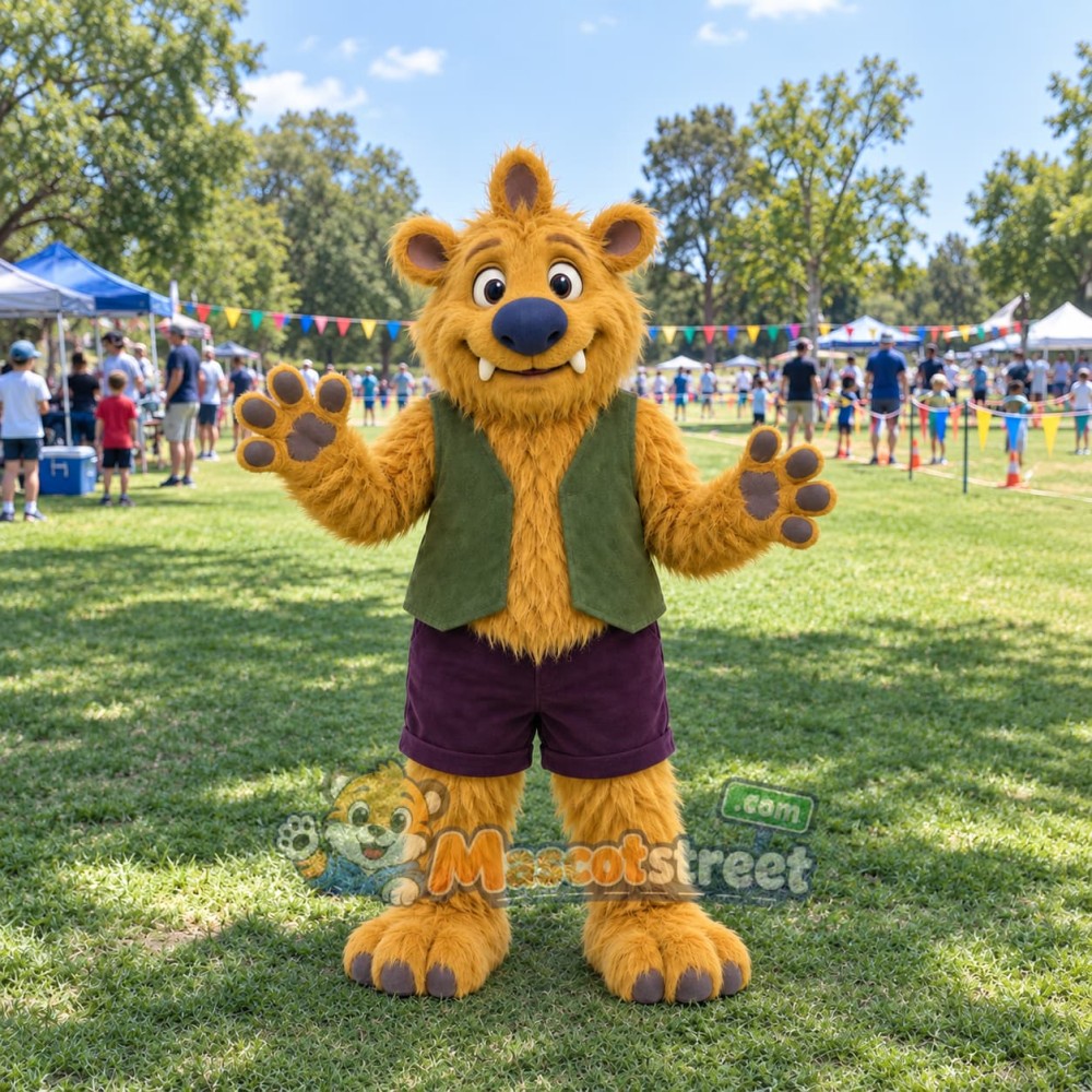 Gold Monster Mascot Costume with Green Vest and Purple Shorts Gold Monster Mascot Costume with Green Vest and Purple Shorts