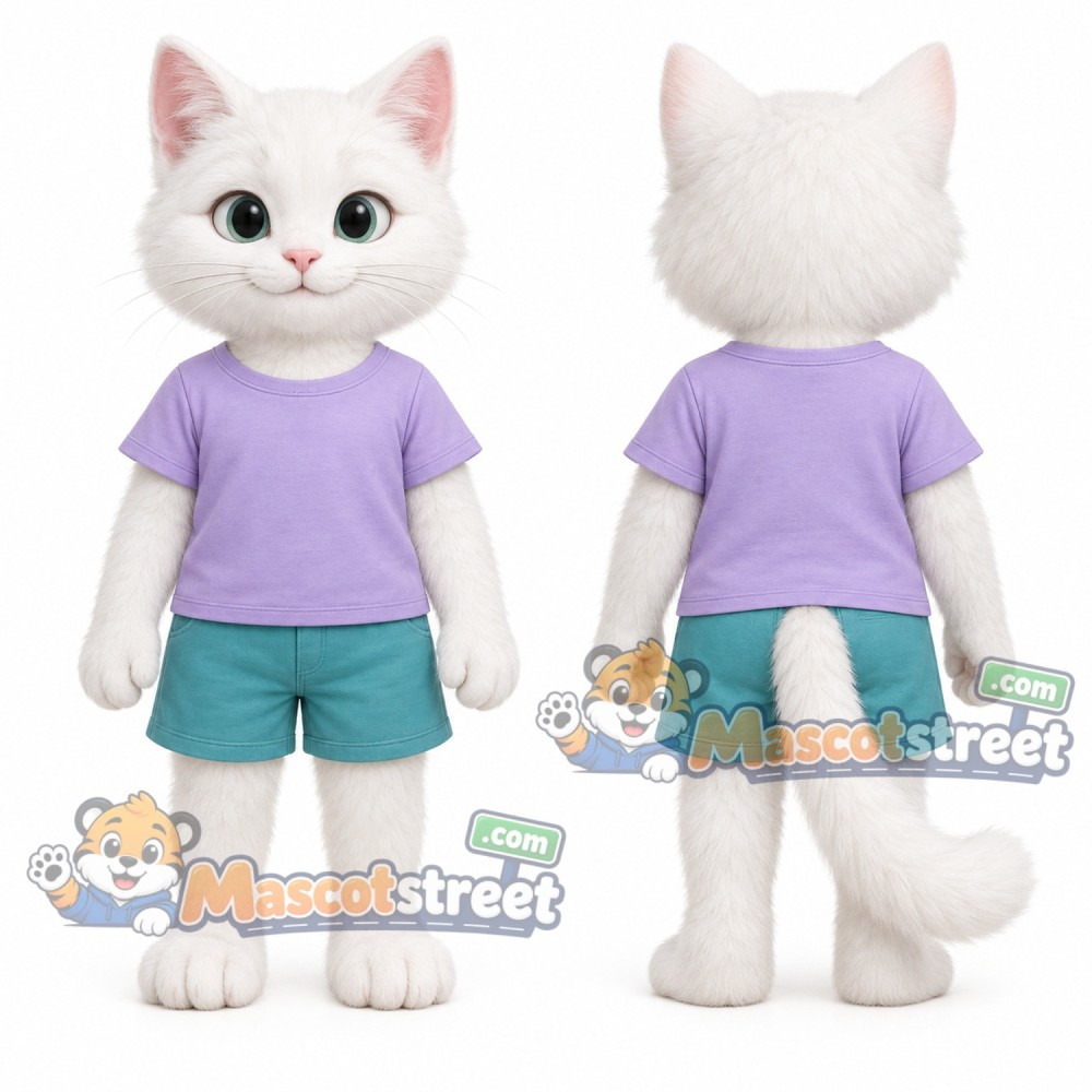 White Cat Mascot Costume with Purple Shirt and Teal Shorts