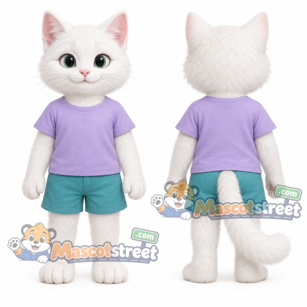 White Cat Mascot Costume with Purple Shirt and Teal Shorts