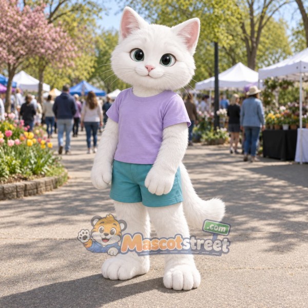 White Cat Mascot Costume with Purple Shirt and Teal Shorts