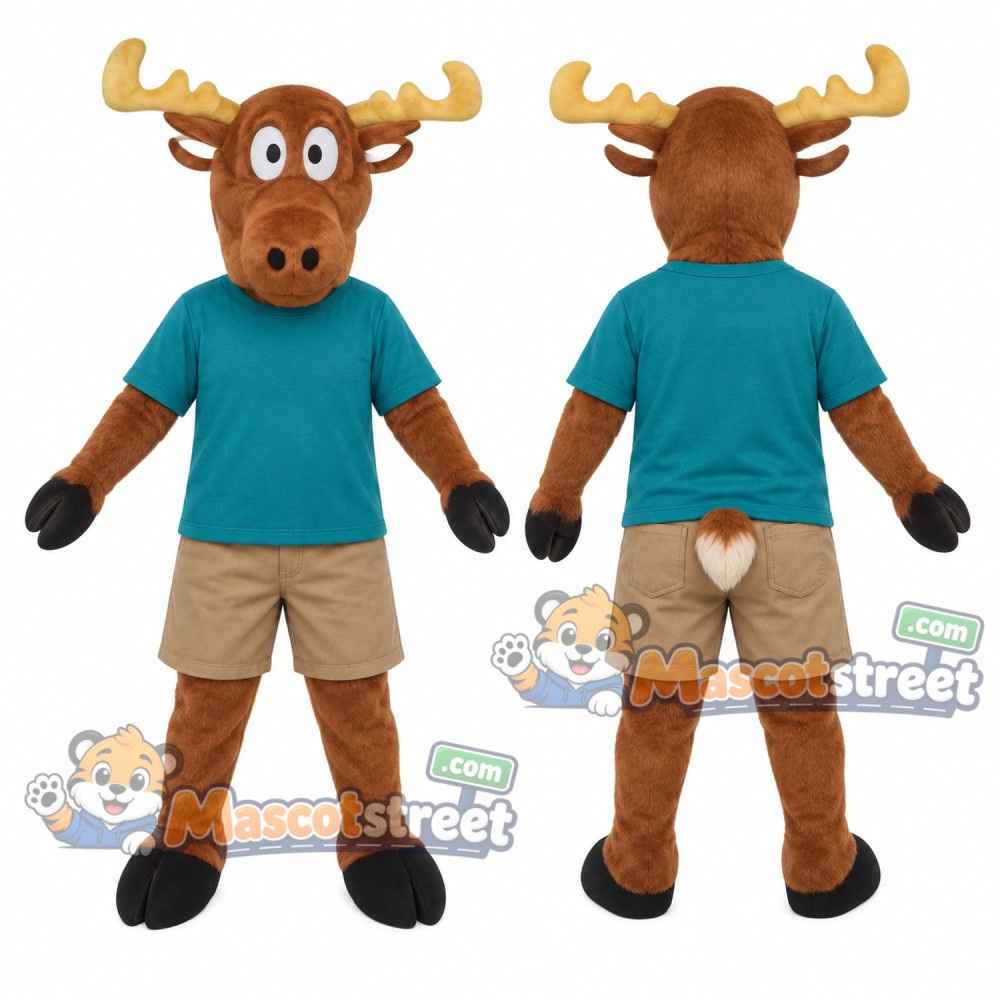 Brown Moose Mascot Costume with Teal Shirt and Khaki Shorts Brown Moose Mascot Costume with Teal Shirt and Khaki Shorts